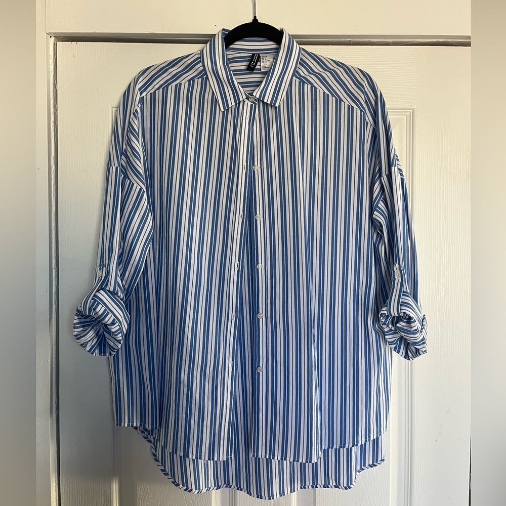 H&M Women’s Striped Button Down Shirt - Blue and White